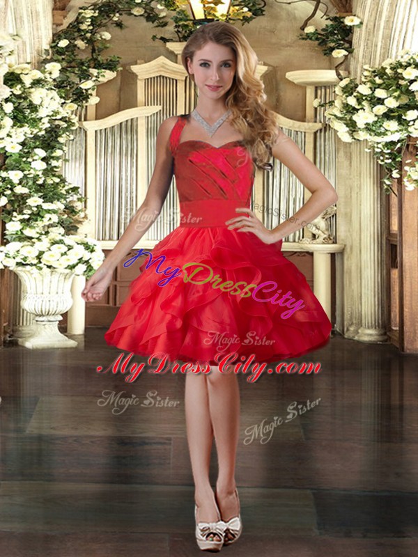 Red Three Pieces Ruffles 15th Birthday Dress Lace Up Tulle Sleeveless Floor Length