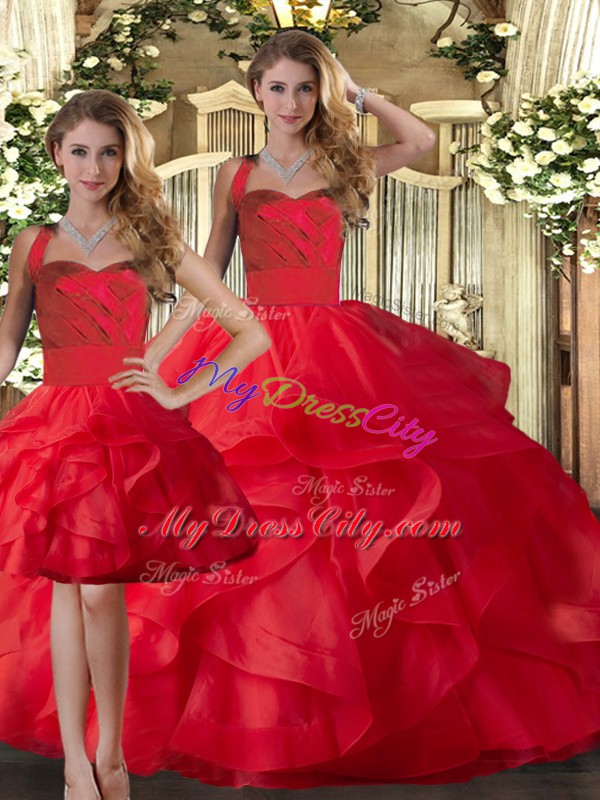 Red Three Pieces Ruffles 15th Birthday Dress Lace Up Tulle Sleeveless Floor Length