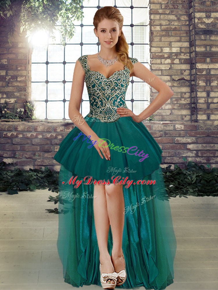 High Low Dark Green Dress for Prom Tulle Sleeveless Beading