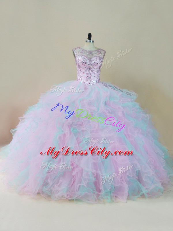 Lovely Multi-color Organza Lace Up Scoop Sleeveless Floor Length Sweet 16 Dress Beading and Ruffles