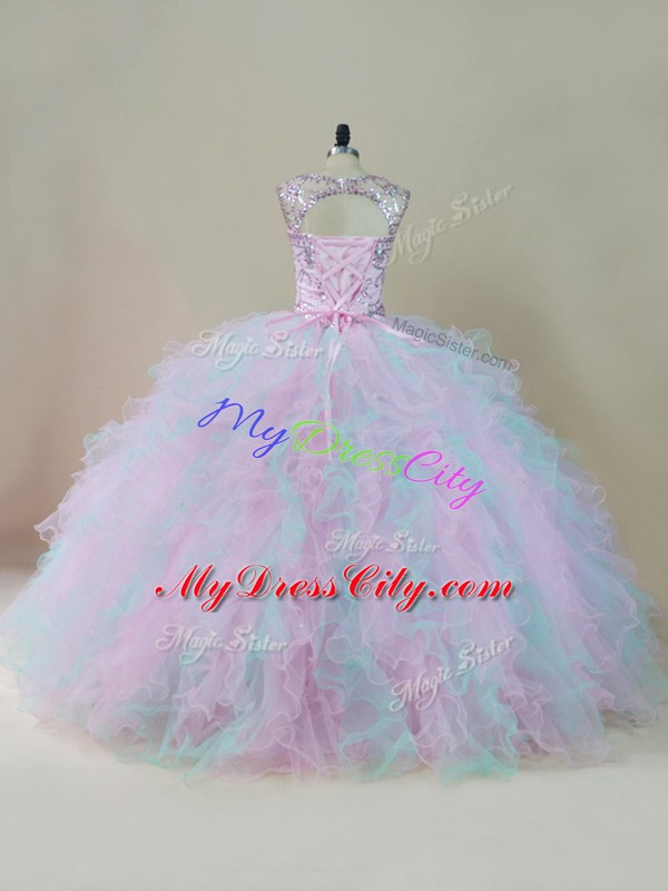 Lovely Multi-color Organza Lace Up Scoop Sleeveless Floor Length Sweet 16 Dress Beading and Ruffles