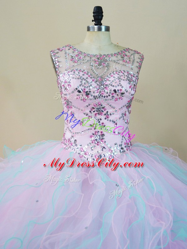 Lovely Multi-color Organza Lace Up Scoop Sleeveless Floor Length Sweet 16 Dress Beading and Ruffles