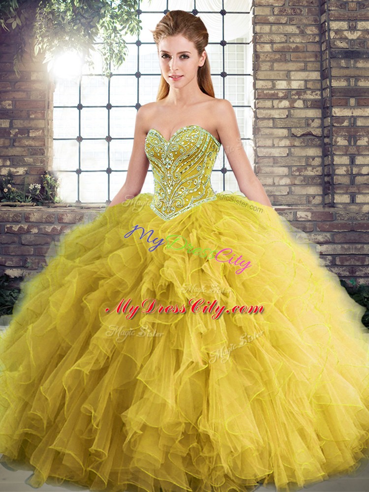 Shining Floor Length Ball Gowns Sleeveless Gold Sweet 16 Dress Lace Up