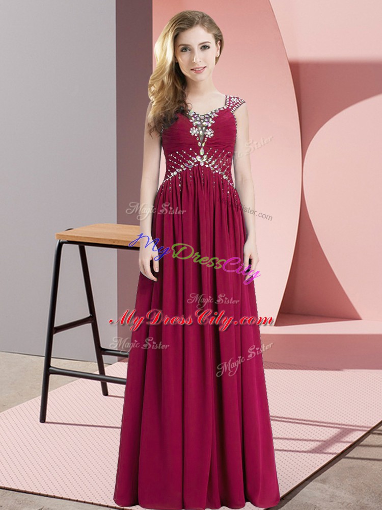 Fashionable Fuchsia Cap Sleeves Floor Length Beading Lace Up Prom Dress