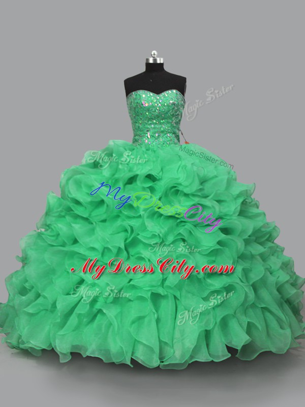 Custom Fit Floor Length Lace Up 15th Birthday Dress Green for Sweet 16 and Quinceanera with Beading and Ruffles