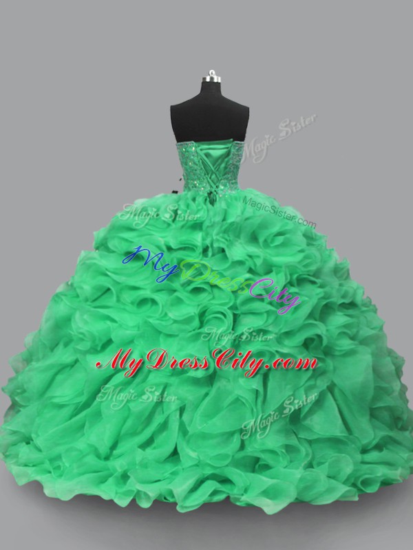 Custom Fit Floor Length Lace Up 15th Birthday Dress Green for Sweet 16 and Quinceanera with Beading and Ruffles