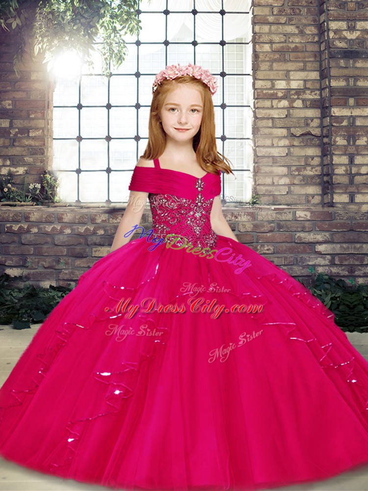 Sleeveless Floor Length Lace Up Pageant Dress Toddler in Fuchsia with Beading