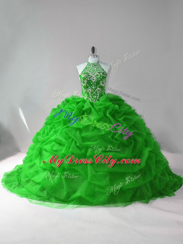 Wonderful Green Lace Up Quinceanera Gowns Beading and Pick Ups Sleeveless Court Train