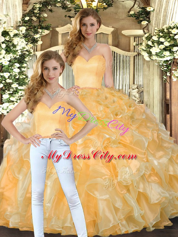 Sweetheart Sleeveless Sweet 16 Quinceanera Dress Floor Length Beading and Ruffles Gold Organza