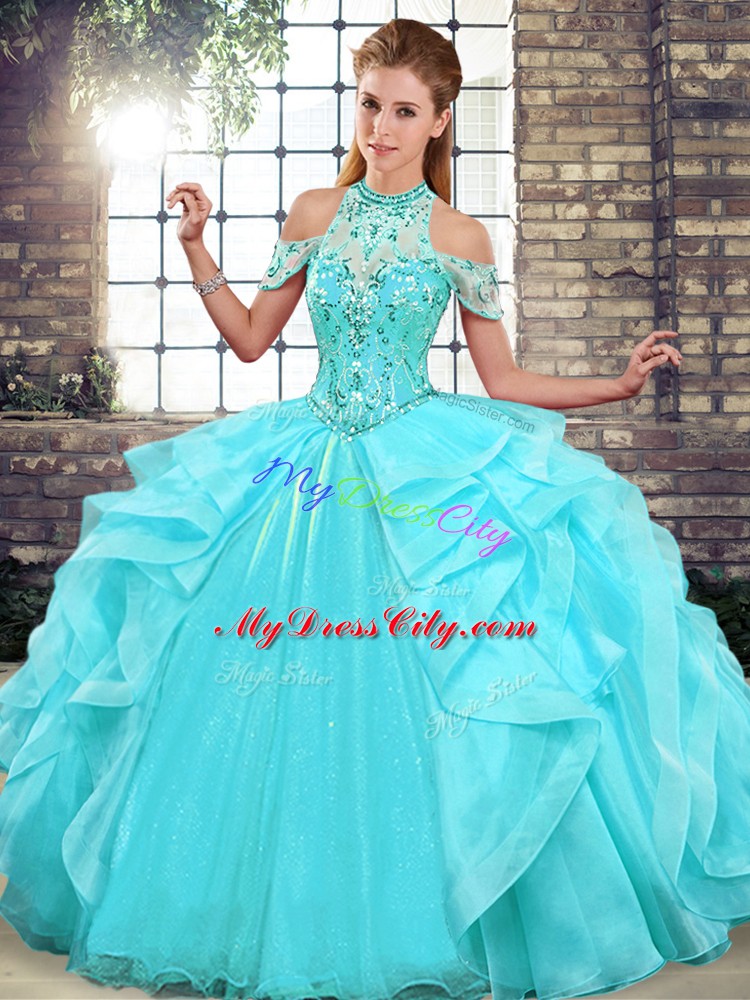 Customized Floor Length Ball Gowns Sleeveless Aqua Blue 15th Birthday Dress Lace Up