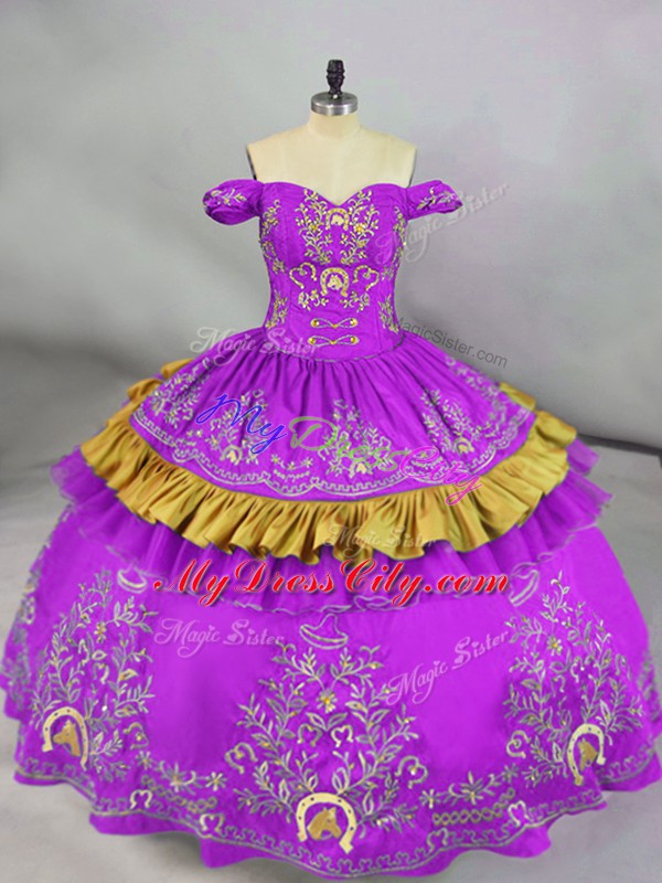 Edgy Purple Lace Up Quince Ball Gowns Embroidery Sleeveless Floor Length