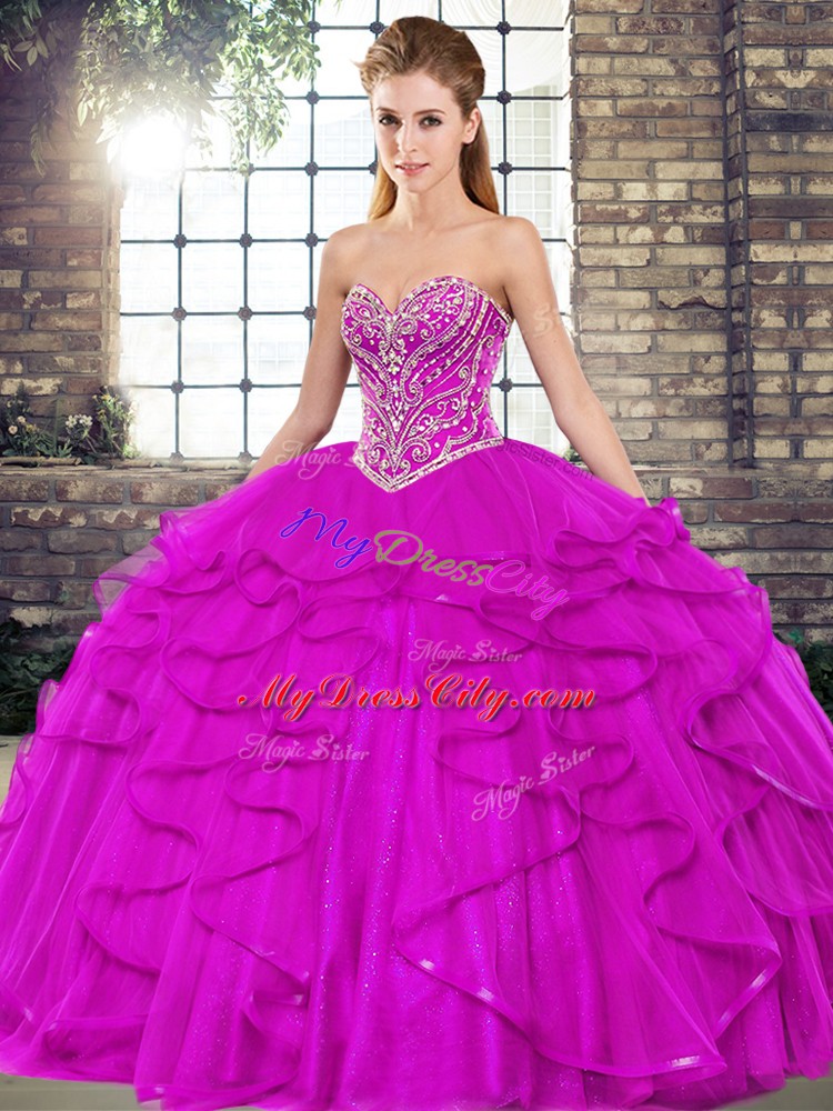 New Arrival Fuchsia Sweetheart Lace Up Beading and Ruffles 15th Birthday Dress Sleeveless