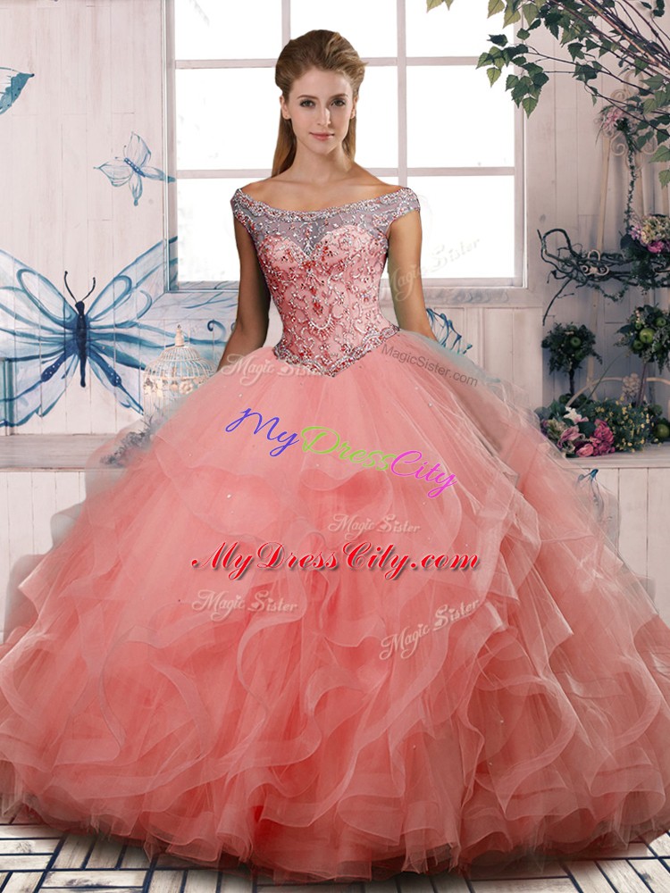 Tulle Off The Shoulder Sleeveless Lace Up Beading Quinceanera Gowns in Watermelon Red