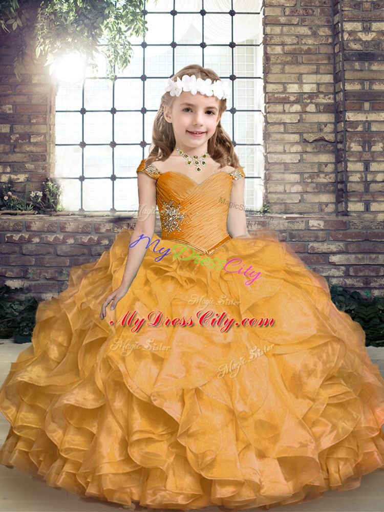 Gold Straps Neckline Beading and Ruffles Pageant Dress Toddler Sleeveless Lace Up