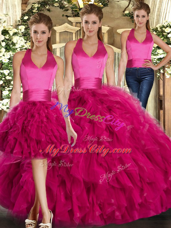 Perfect Halter Top Sleeveless Lace Up Sweet 16 Dresses Fuchsia Tulle