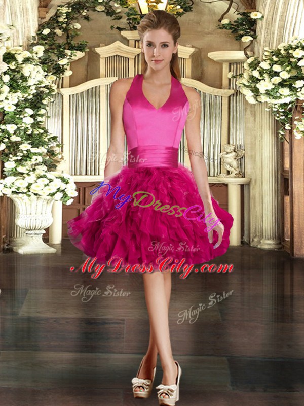 Perfect Halter Top Sleeveless Lace Up Sweet 16 Dresses Fuchsia Tulle