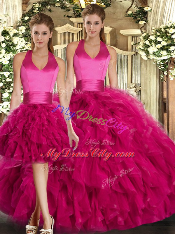 Perfect Halter Top Sleeveless Lace Up Sweet 16 Dresses Fuchsia Tulle