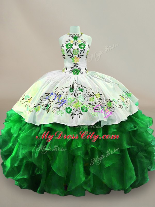 Floor Length Green Ball Gown Prom Dress Organza Sleeveless Embroidery and Ruffles