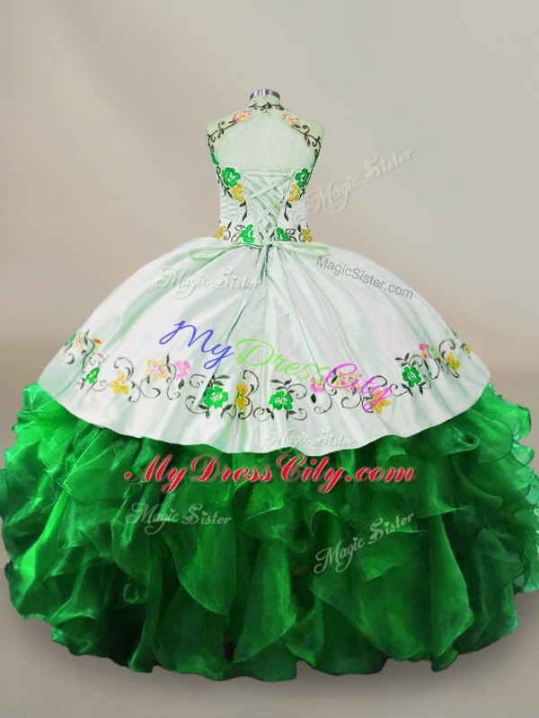 Floor Length Green Ball Gown Prom Dress Organza Sleeveless Embroidery and Ruffles