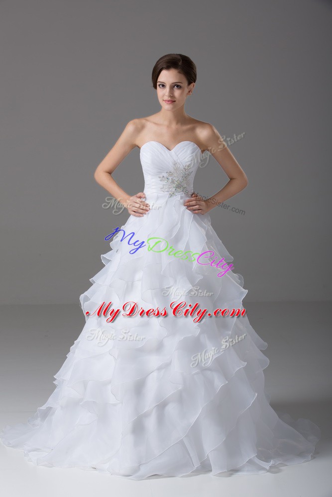 Colorful White Sleeveless Beading and Ruffled Layers Lace Up Wedding Dress