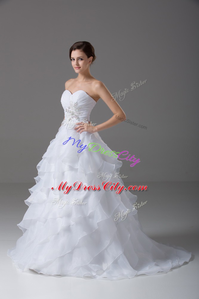 Colorful White Sleeveless Beading and Ruffled Layers Lace Up Wedding Dress