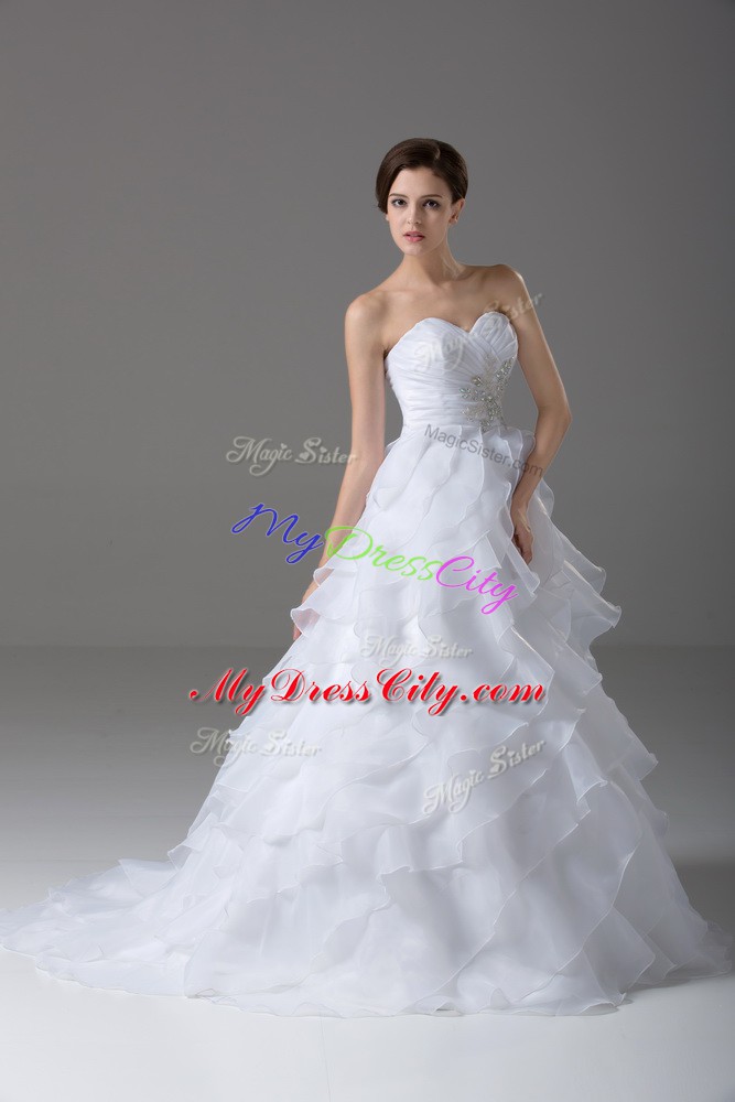 Colorful White Sleeveless Beading and Ruffled Layers Lace Up Wedding Dress