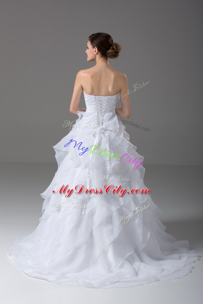 Colorful White Sleeveless Beading and Ruffled Layers Lace Up Wedding Dress