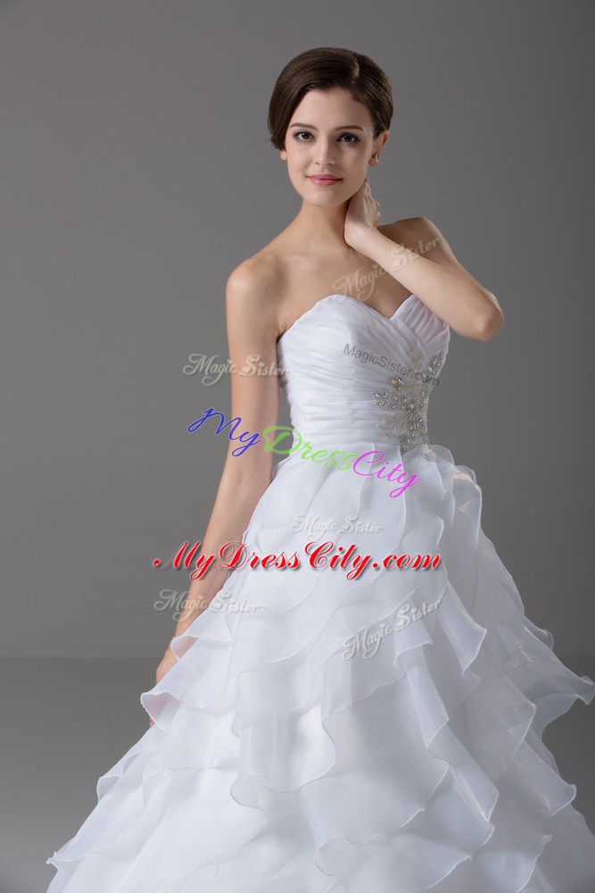 Colorful White Sleeveless Beading and Ruffled Layers Lace Up Wedding Dress