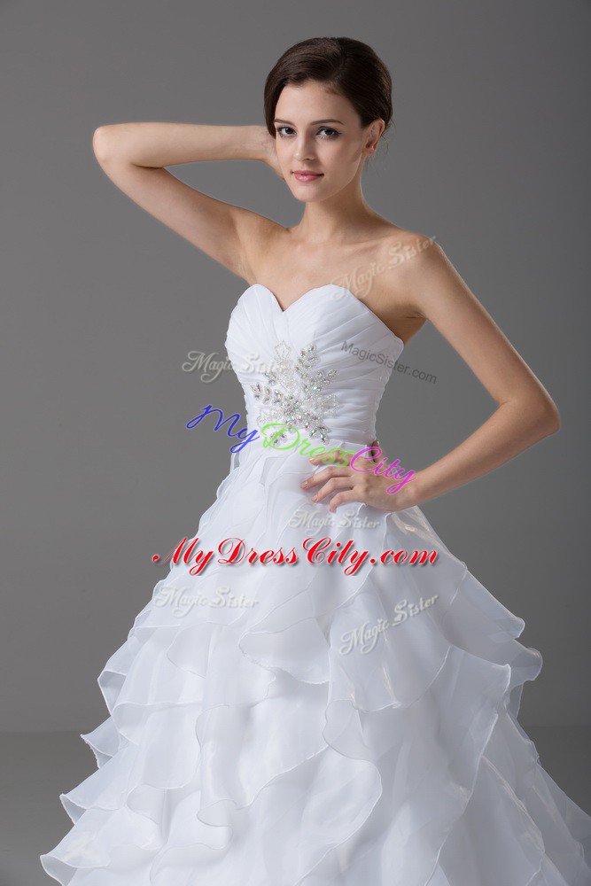 Colorful White Sleeveless Beading and Ruffled Layers Lace Up Wedding Dress