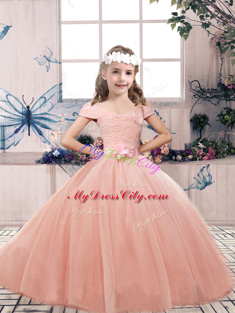 Trendy Floor Length Ball Gowns Sleeveless Peach Kids Formal Wear Lace Up