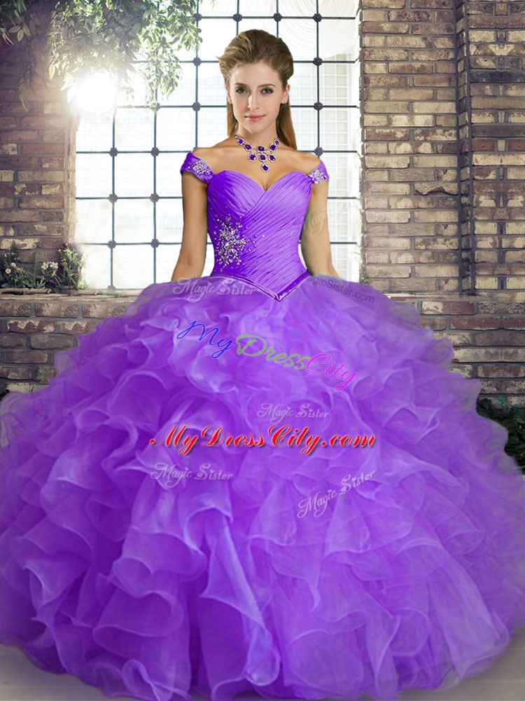 Off The Shoulder Sleeveless Lace Up Sweet 16 Dresses Lavender Organza