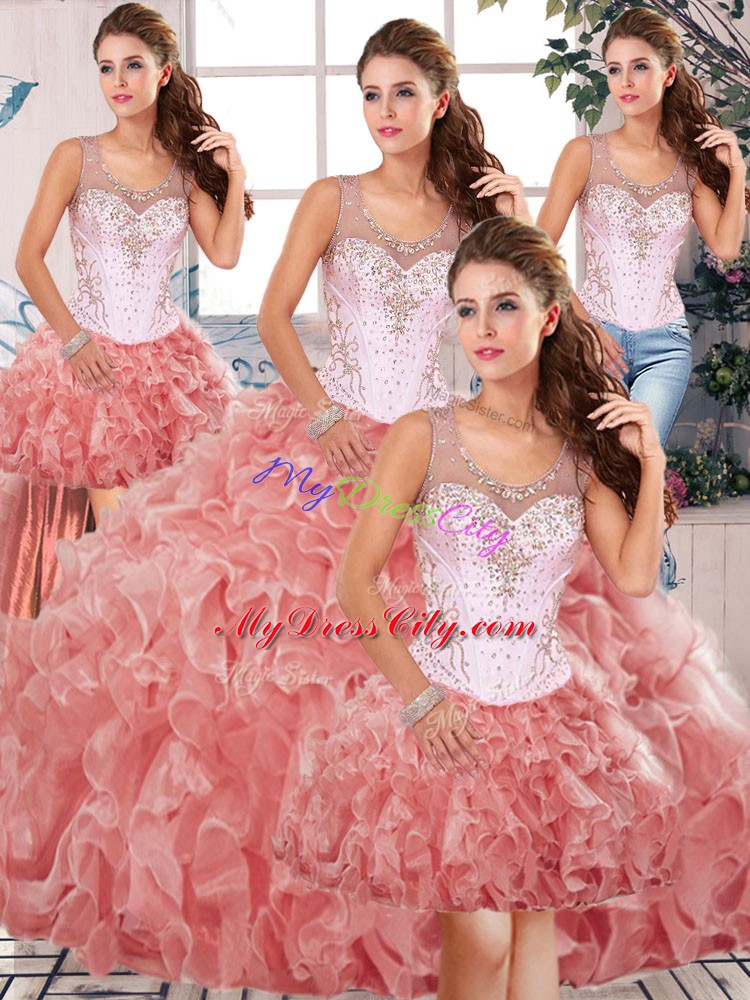 Custom Made Watermelon Red Organza Clasp Handle Ball Gown Prom Dress Sleeveless Floor Length Beading and Ruffles