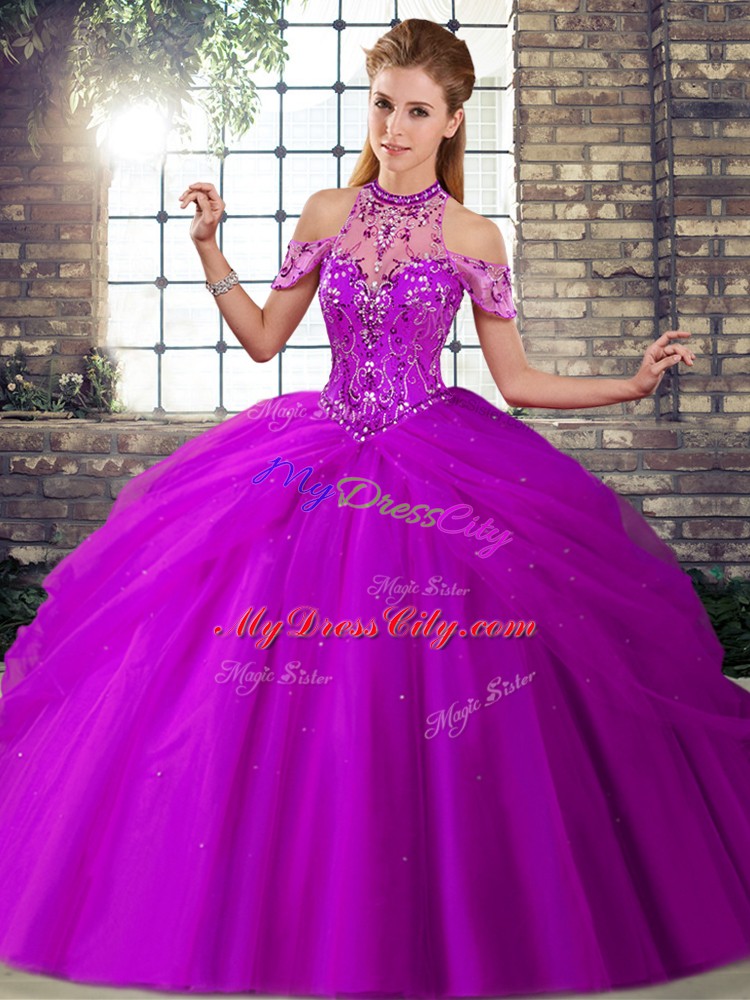 Custom Designed Tulle Sleeveless Quinceanera Gowns Brush Train and Beading and Pick Ups