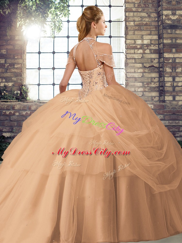 Custom Designed Tulle Sleeveless Quinceanera Gowns Brush Train and Beading and Pick Ups