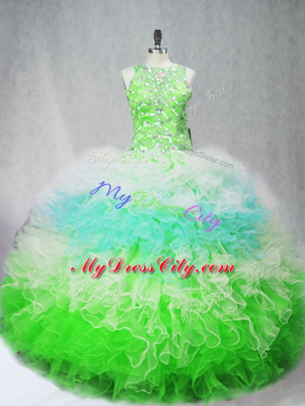 Comfortable Sleeveless Tulle Floor Length Zipper 15th Birthday Dress in Multi-color with Beading and Ruffles