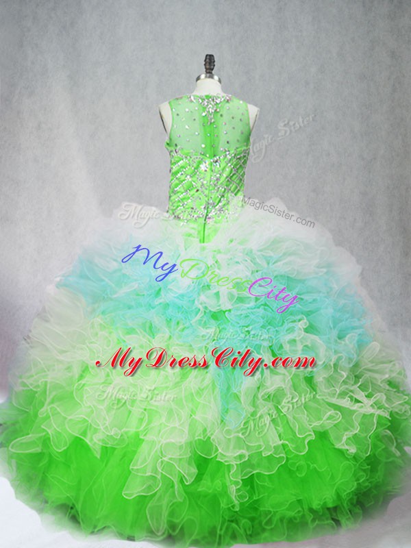 Comfortable Sleeveless Tulle Floor Length Zipper 15th Birthday Dress in Multi-color with Beading and Ruffles