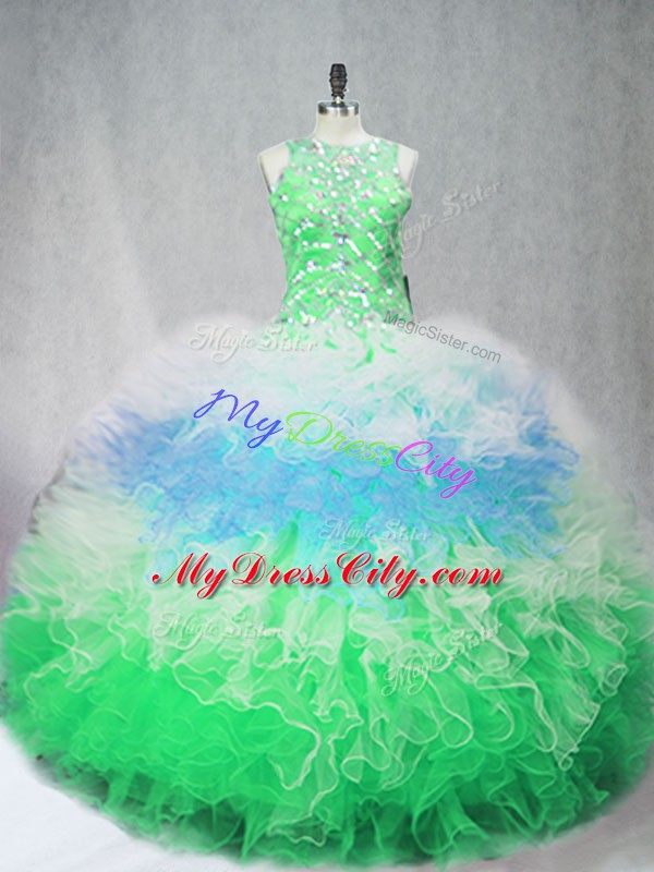 High Quality Sleeveless Zipper Floor Length Beading and Ruffles Quinceanera Gowns