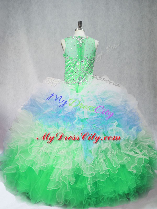 High Quality Sleeveless Zipper Floor Length Beading and Ruffles Quinceanera Gowns