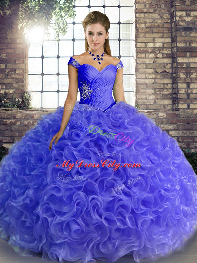 Enchanting Floor Length Blue Ball Gown Prom Dress Fabric With Rolling Flowers Sleeveless Beading