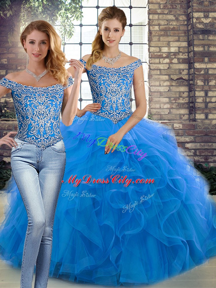 Cheap Blue Two Pieces Tulle Off The Shoulder Sleeveless Beading and Ruffles Lace Up Quinceanera Dress Brush Train