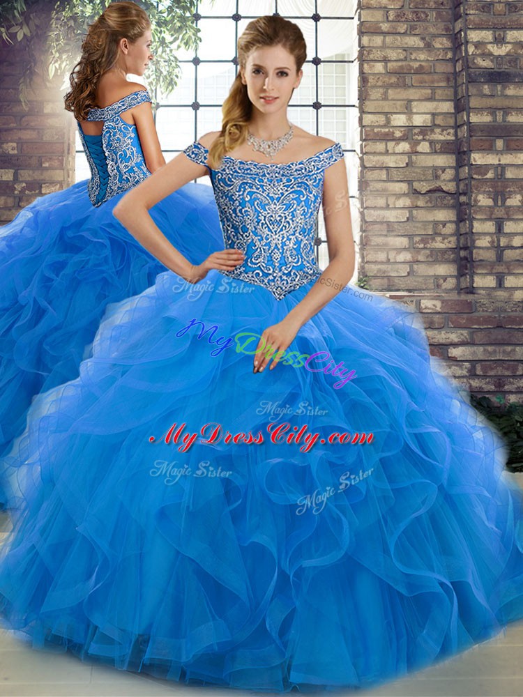 Cheap Blue Two Pieces Tulle Off The Shoulder Sleeveless Beading and Ruffles Lace Up Quinceanera Dress Brush Train