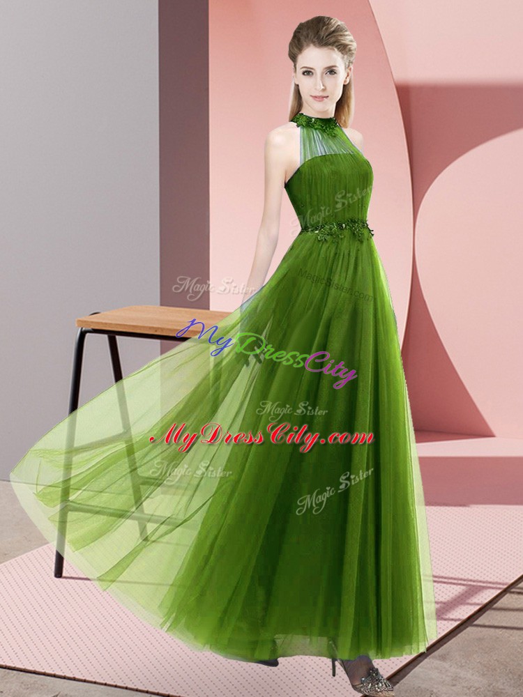 Tulle Sleeveless Floor Length Wedding Guest Dresses and Beading and Appliques