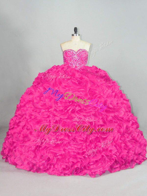 Hot Pink Ball Gown Prom Dress Sweetheart Sleeveless Brush Train Lace Up