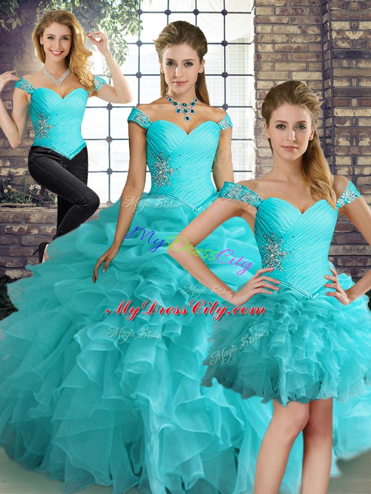 Off The Shoulder Sleeveless Lace Up Quince Ball Gowns Aqua Blue Organza