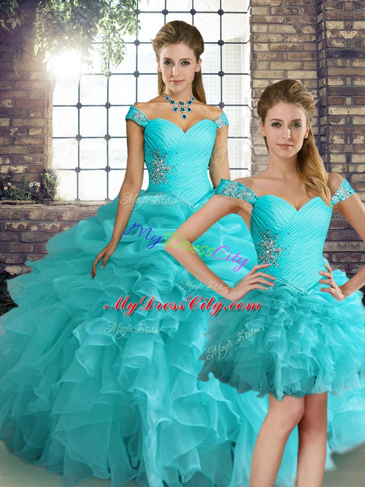 Off The Shoulder Sleeveless Lace Up Quince Ball Gowns Aqua Blue Organza