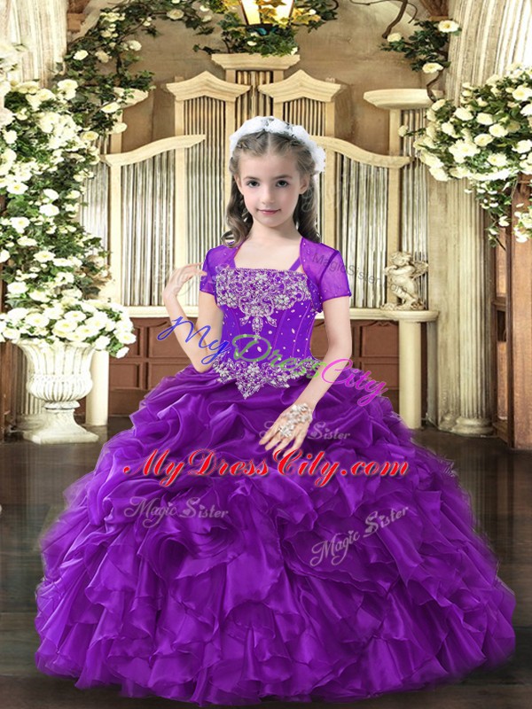 Beauteous Straps Sleeveless Lace Up Evening Gowns Purple Organza