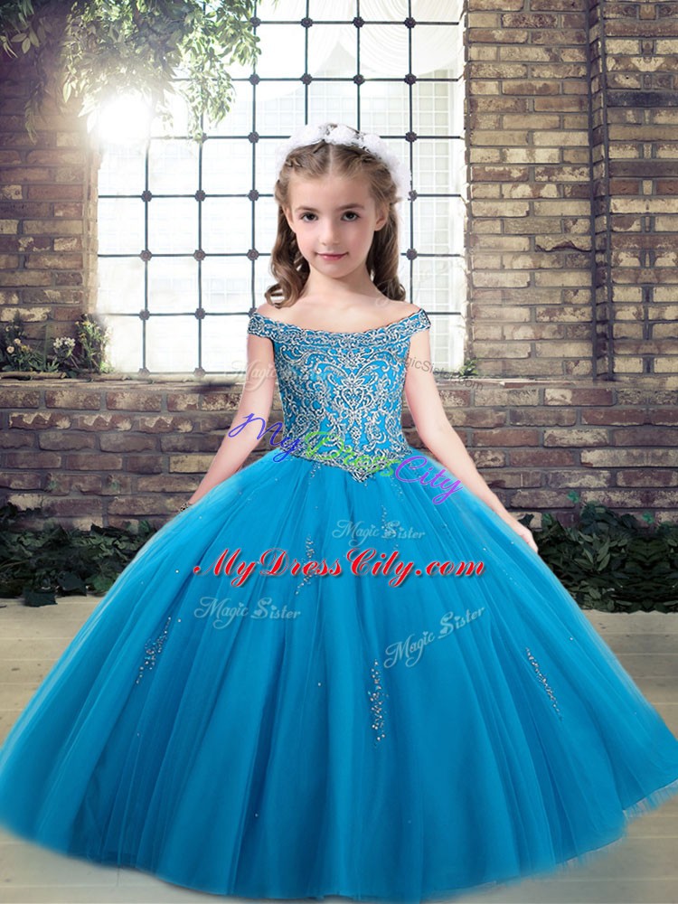 New Arrival Floor Length Ball Gowns Sleeveless Baby Blue Little Girls Pageant Dress Wholesale Lace Up