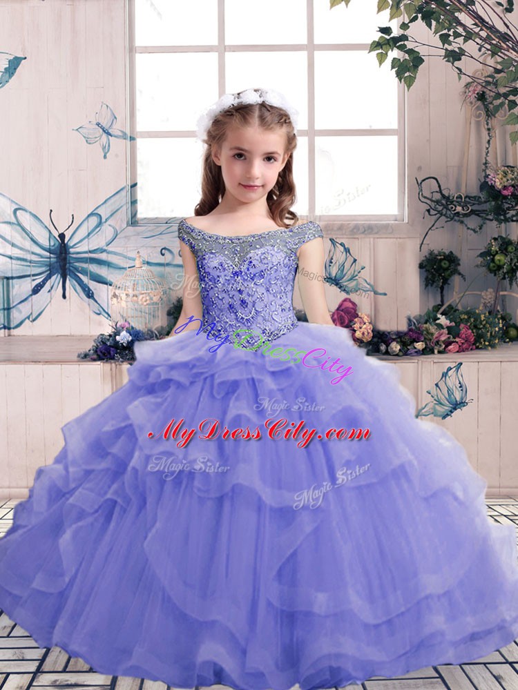 Sleeveless Lace Up Floor Length Beading Little Girls Pageant Dress