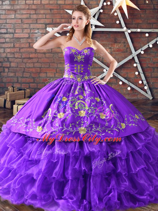 Luxurious Purple Sleeveless Floor Length Embroidery Lace Up Quinceanera Dresses