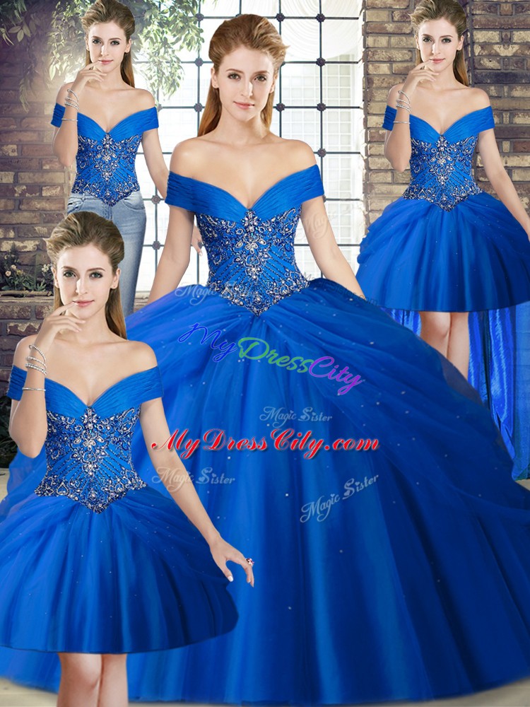 Royal Blue Tulle Lace Up Off The Shoulder Sleeveless 15 Quinceanera Dress Brush Train Beading and Pick Ups